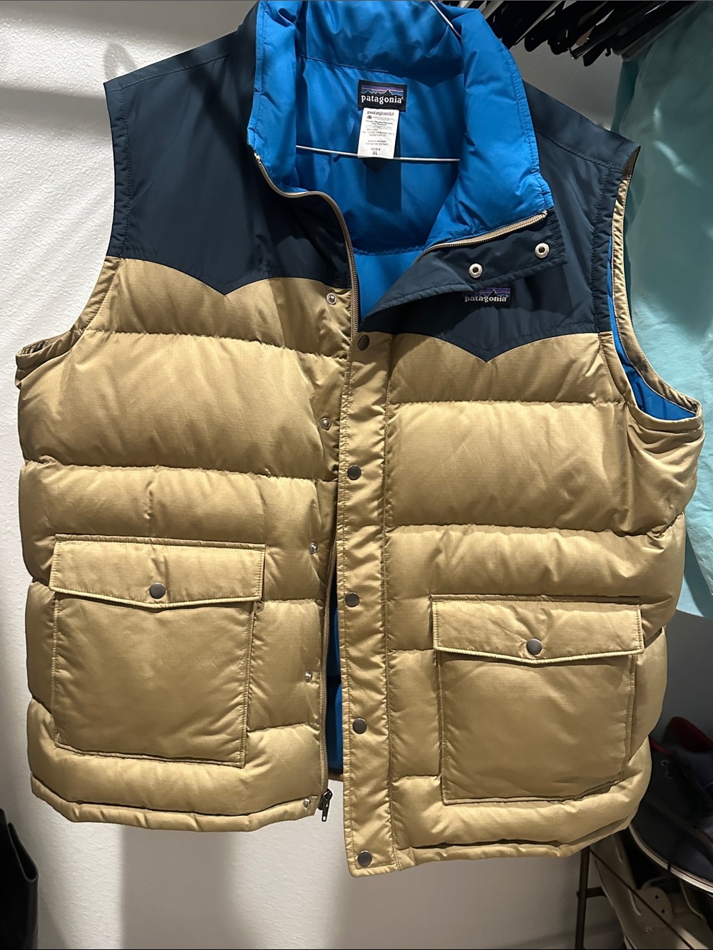 Patagonia Tan Puffer Vest with Navy Yoke and Blue Lining